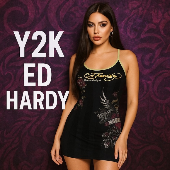 RARE NWT ED HARDY Black Rayon Peacock Rose Tattoo Racerback Dress Y2K M - Picture 1 of 15